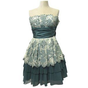 Vintage 80s Betsey Johnson Teal & Cream Lace Strapless Dress Size 2
